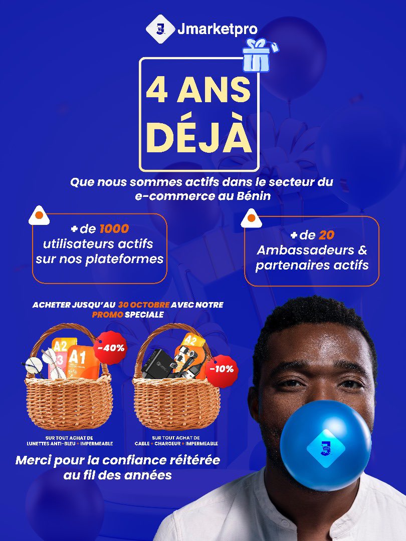 jmarketpro's tweet photo. 🎉 Jmarketpro SARL fête ses 4 ans dans le e-commerce

+1000 utilisateurs actifs, 20 ambassadeurs et 3 applis mobiles 🚀
Pour vous remercier :

🎁 - 40% sur lunettes anti lumière bleue + imperméable
🎁 - 10%  sur chargeur magnétique + imperméable

#EcommerceBenin #OffresSpéciales https://t.co/mNoer3Fi72