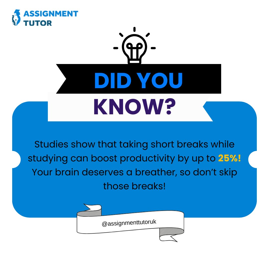 Tutor_Uk's tweet photo. Boost your productivity by 25% with short study breaks! Give your brain the breather it needs and come back sharper. Work smarter, not harder!

Follow us @assignmenttutoruk for more tips.

#AssignmentTutor #StudyHacks #BoostYourProductivity #WorkSmartNotHard #BrainBreaks https://t.co/KfwvOt8uUX