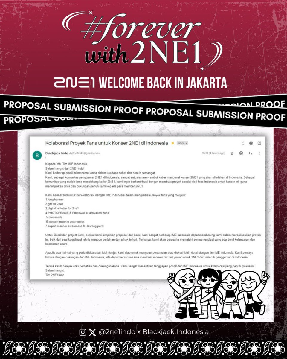 2NE1indo's tweet photo. "2NE1 WELCOME BACK IN JAKARTA" FAN PROJECT
📢#ForeverWith2NE1 📢

In addition to our excitement, this fan project list was submitted to the promotor. We need BLACKJACKS participation❤️‍🔥

You can donate here 😉
🖇️ https://t.co/tQXjqknVtO

See you very soon, Blackjacks!
 #투애니원 https://t.co/dZzsdOsE2K
