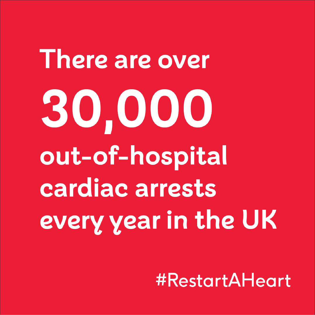 It’s #RestartAHeart day ❤️  
 
Did you know, there are over 30,000 out-of-hospital cardiac arrests every year in the UK. And tragically, less than 1 in 10 people survive. 
 
We want to change that! 
 
Knowing CPR and how to use a defibrillator can more than double a person's
