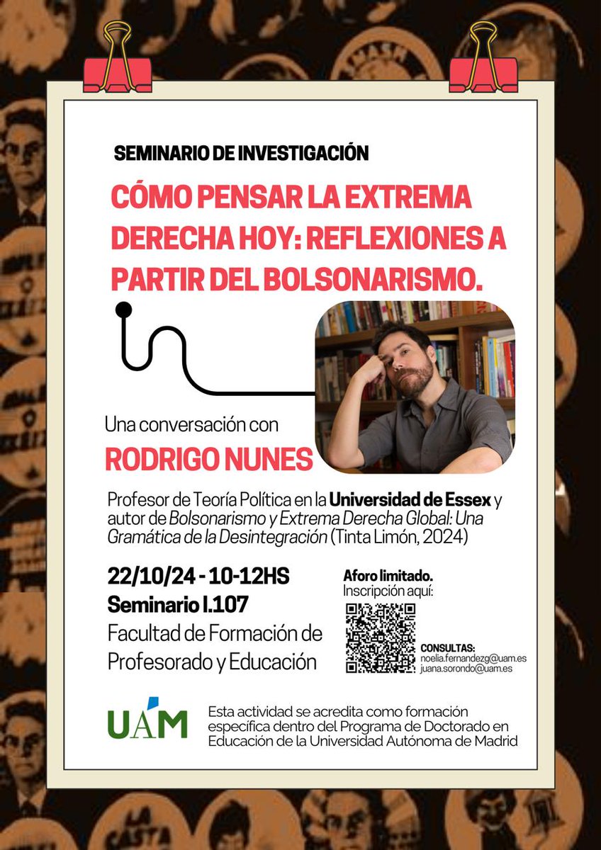 El mismo martes 22 por la mañana, Nunes estará en el seminario de investigación "Cómo pensar la extrema derecha hoy: reflexiones a partir del bolsonarismo" en la Facultad de Educación de la UAM

Acto público con aforo limitado, apúntate en el QR

traficantes.net/libros/bolsona…