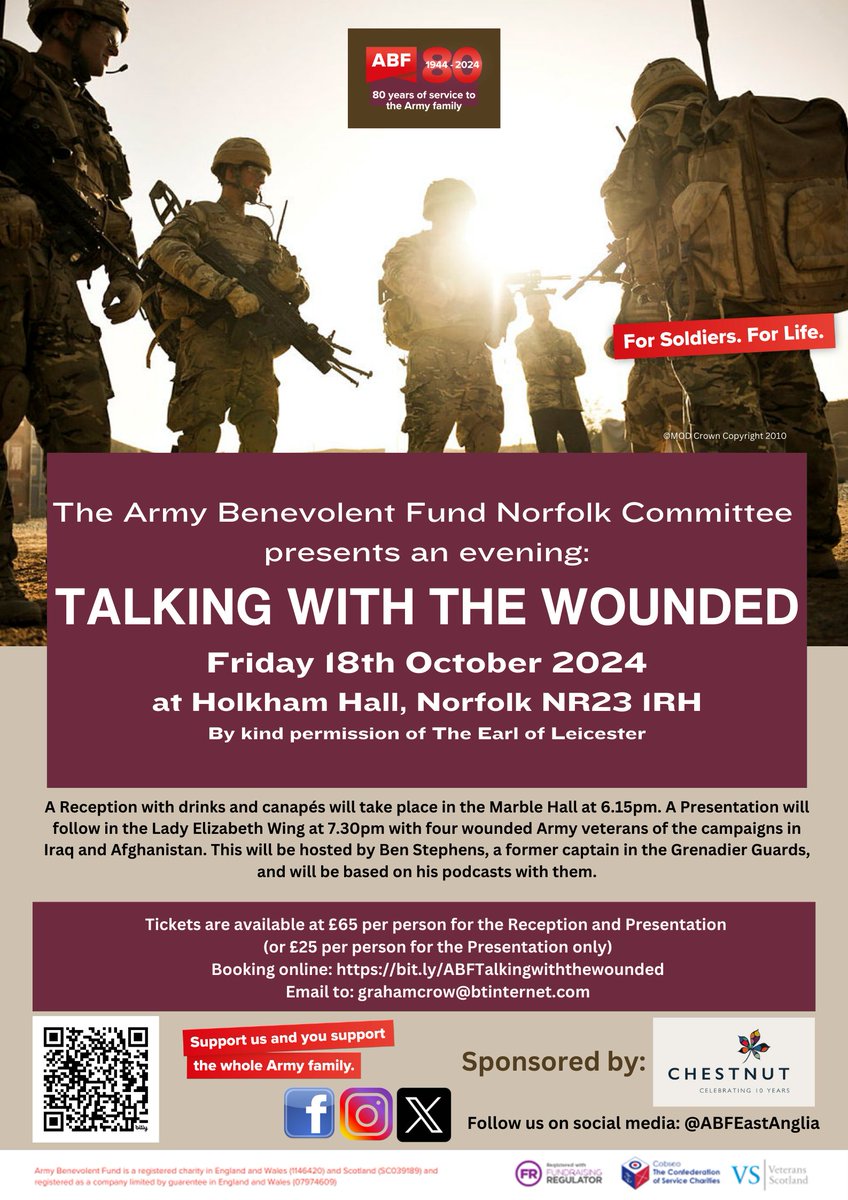 supportthewalk's tweet photo. 🎖️ Our loyal friends at the Army Benevolent Fund are hosting an evening event, 'Talking with the Wounded', at Holkham Hall in Norfolk on Friday 18 October.

For additional information and tickets visit: https://t.co/uZwQlyQD7l

#SupportTheWalk #VeteransInConversation #ABF https://t.co/m33qtEmngj