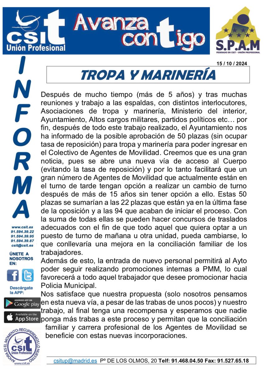 sindicato_spam's tweet photo. Después de mucho trabajo, hemos conseguido una nueva forma de acceso al Colectivo de Agentes de Movilidad. De esta forma la plantilla podrá mejorar la conciliación familiar, la carrera profesional y el ciudadano de un mejor servicio.
@CSITUP @_ATME @VOX_AytoMadrid @bcarabante https://t.co/XKRJcmeubA