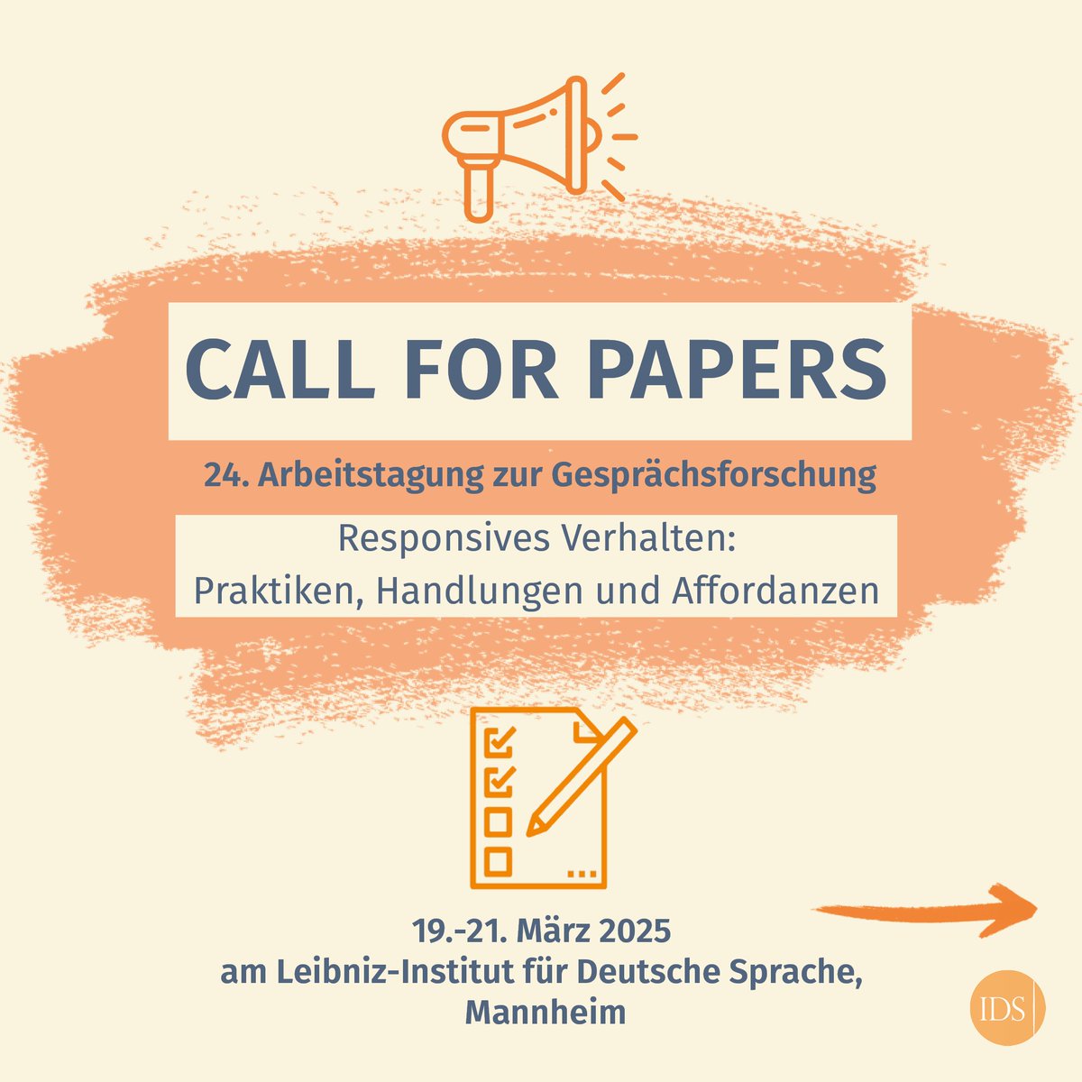 IDS_Mannheim's tweet photo. #CfP: Wir laden Sie herzlich ein, bis zum 01.12.24 einen Beitrag zur 24. Arbeitstagung zur Gesprächsforschung (19.–21.03.2024) einzureichen. Das Rahmenthema der Tagung lautet „Responsives Verhalten: Praktiken, Handlungen und Affordanzen“. Weitere Infos 👉 https://t.co/dpQu8tudpN https://t.co/BvF1lXY7VY