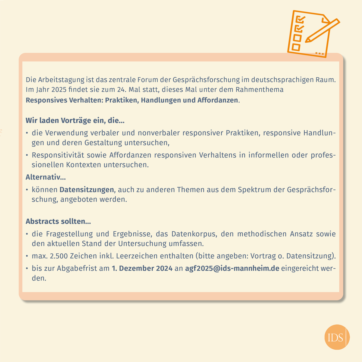 IDS_Mannheim's tweet photo. #CfP: Wir laden Sie herzlich ein, bis zum 01.12.24 einen Beitrag zur 24. Arbeitstagung zur Gesprächsforschung (19.–21.03.2024) einzureichen. Das Rahmenthema der Tagung lautet „Responsives Verhalten: Praktiken, Handlungen und Affordanzen“. Weitere Infos 👉 https://t.co/dpQu8tudpN https://t.co/BvF1lXY7VY
