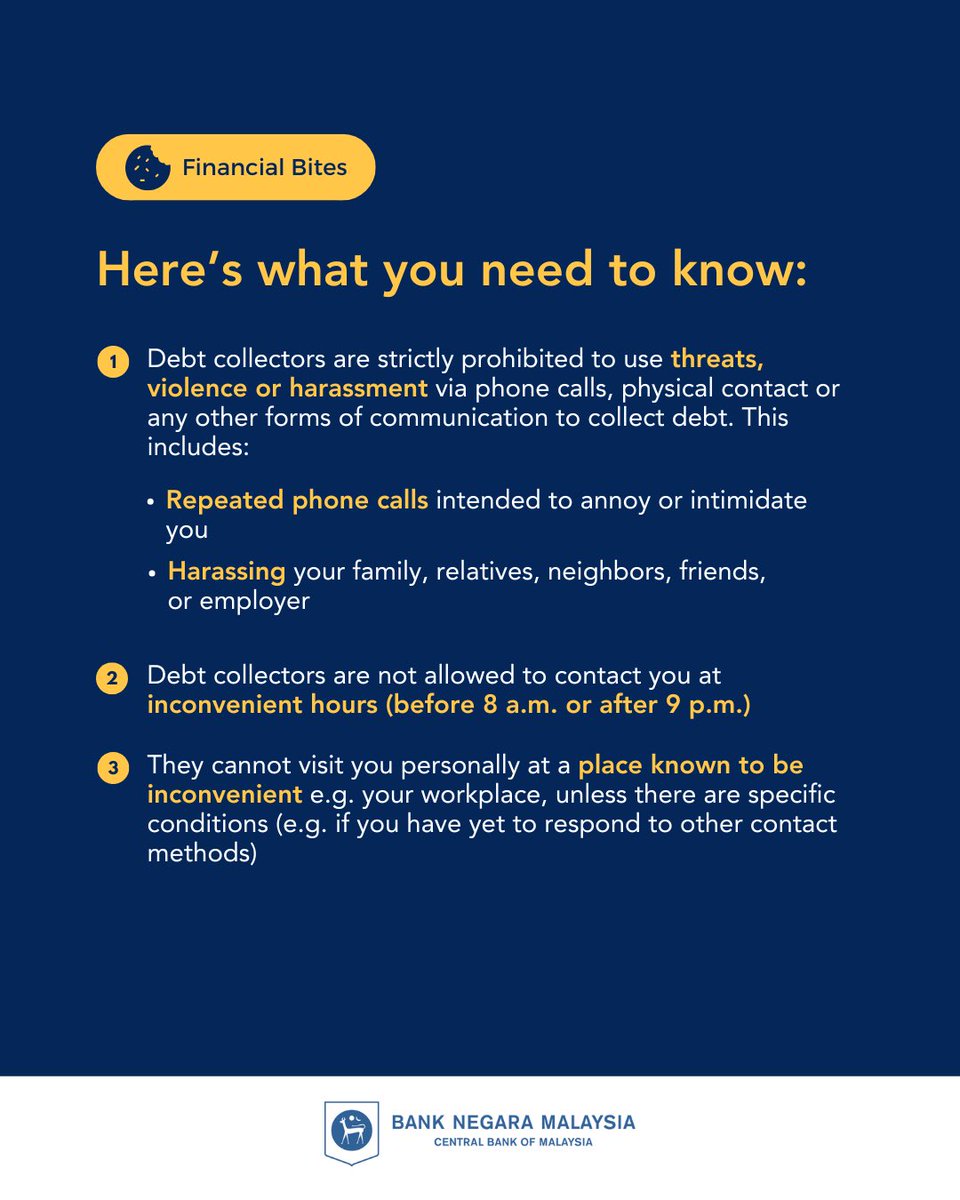 Berdepan dengan pemungut hutang boleh menjadi satu cabaran, tetapi sentiasa ingat hak anda sebagai pengguna!

Sekiranya anda mengalami kesulitan, hubungi bank anda atau klik bnmlink.bnm.gov.my untuk mendapatkan nasihat atau untuk membuat aduan.

___

Facing debt collectors