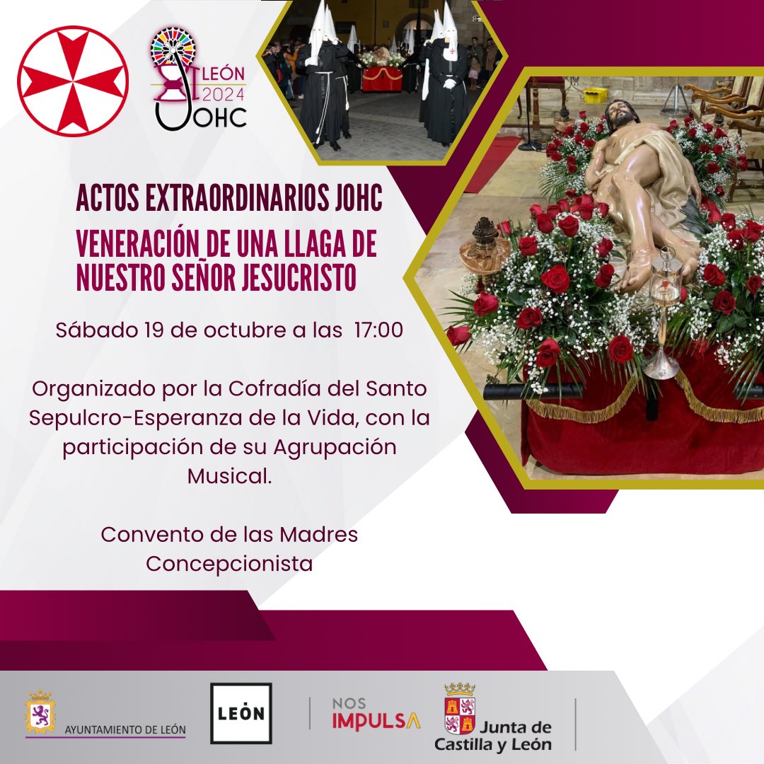 ACTOS EXTRAORDINARIOS JOHC

VENERACION DE UNA LLAGA DE NUESTRO SENOR JESUCRISTO

sábado 19 de octubre a las 17:00

Organizado por la Cofradía del Santo Sepulcro-Esperanza de la Vida, con la participación de su Agrupación Musical.

Convento de las Madres Concepcionista