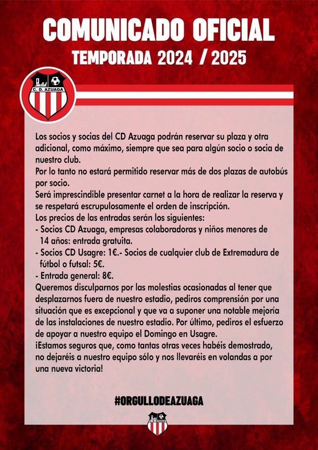 El domingo tenemos fútbol de Tercera Federación en el Cerro de la Pina.

Nos visita el <a href="/cdazuaga/">CD Azuaga</a> que jugará contra el <a href="/CCalamonte/">CD Calamonte</a> a las 16:45H el 20 de Octubre en el Cerro de la pina.