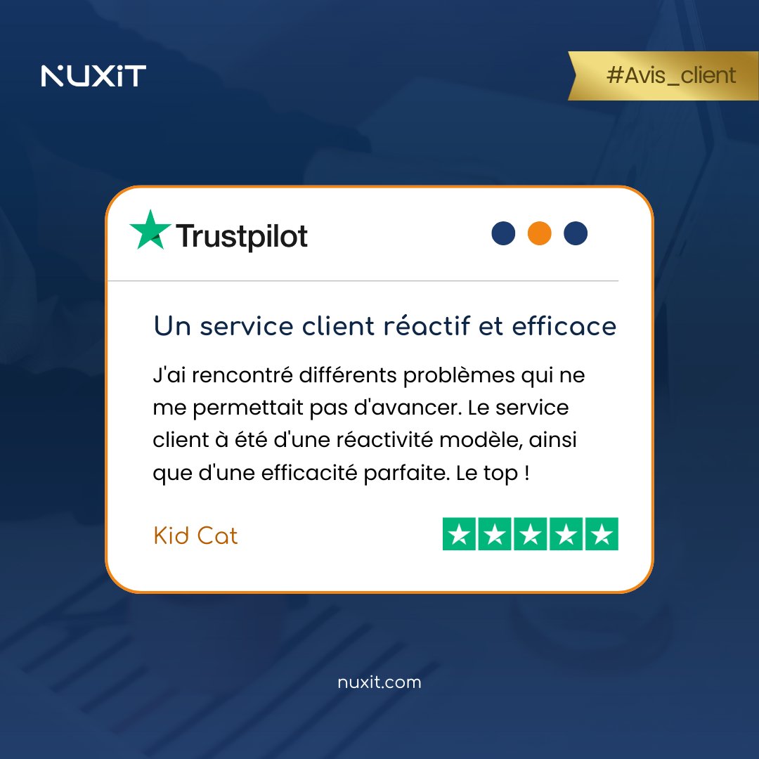 Vos avis nous motivent à toujours offrir le meilleur 💪❤️ 

Merci à nos clients pour ces avis inspirants qui nous poussent à continuer d'innover et d'améliorer notre support. 🙌 ⭐

Découvrez plus d'avis et partagez votre expérience sur <a href="/Trustpilot/">Trustpilot</a> ! 🔗 fr.trustpilot.com/review/nuxit.c…