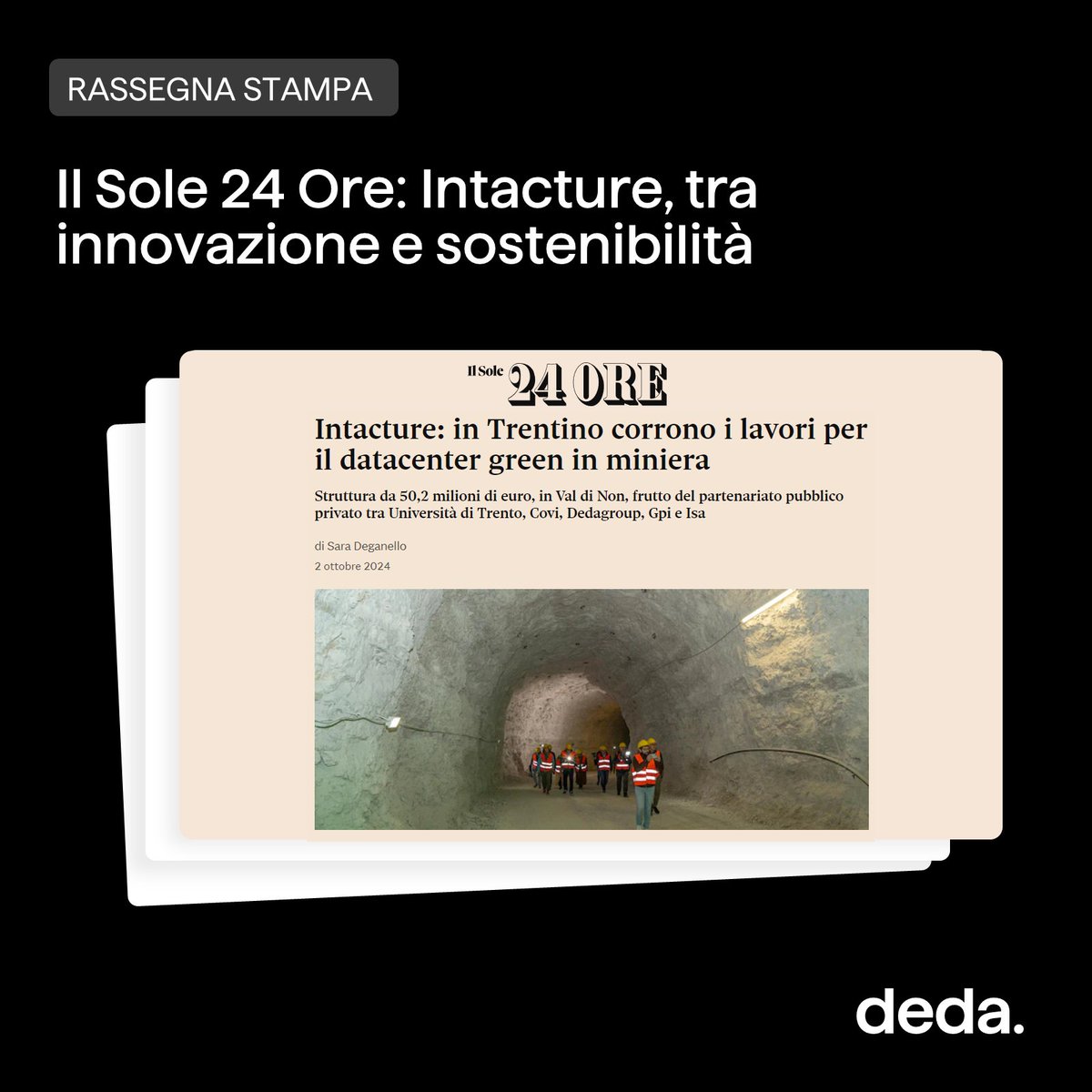 DEDAGROUP_ICT's tweet photo. Il @sole24ore  24 Ore dedica un approfondimento a Intacture, The Natural Home of Data. I dettagli e i benefici di questo innovativo progetto di Trentino DataMine, che coniuga tecnologia e sostenibilità di cui siamo davvero felici di far parte. Scopri > https://t.co/jssVcEIveb https://t.co/5qhw6nNe5M