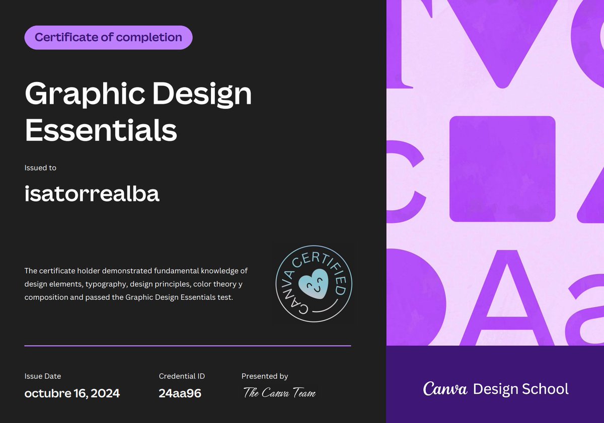 isatorrealba's tweet photo. Excited to have earned my Graphic Design certificate from Canva Design School! It covers the fundamentals of design and includes a final certification test. Definitely worth it—super inspiring for my work! @canva #DesignTools #GraphicDesign 
https://t.co/XhwiXlYBQ4 https://t.co/kBM2X1TOCo