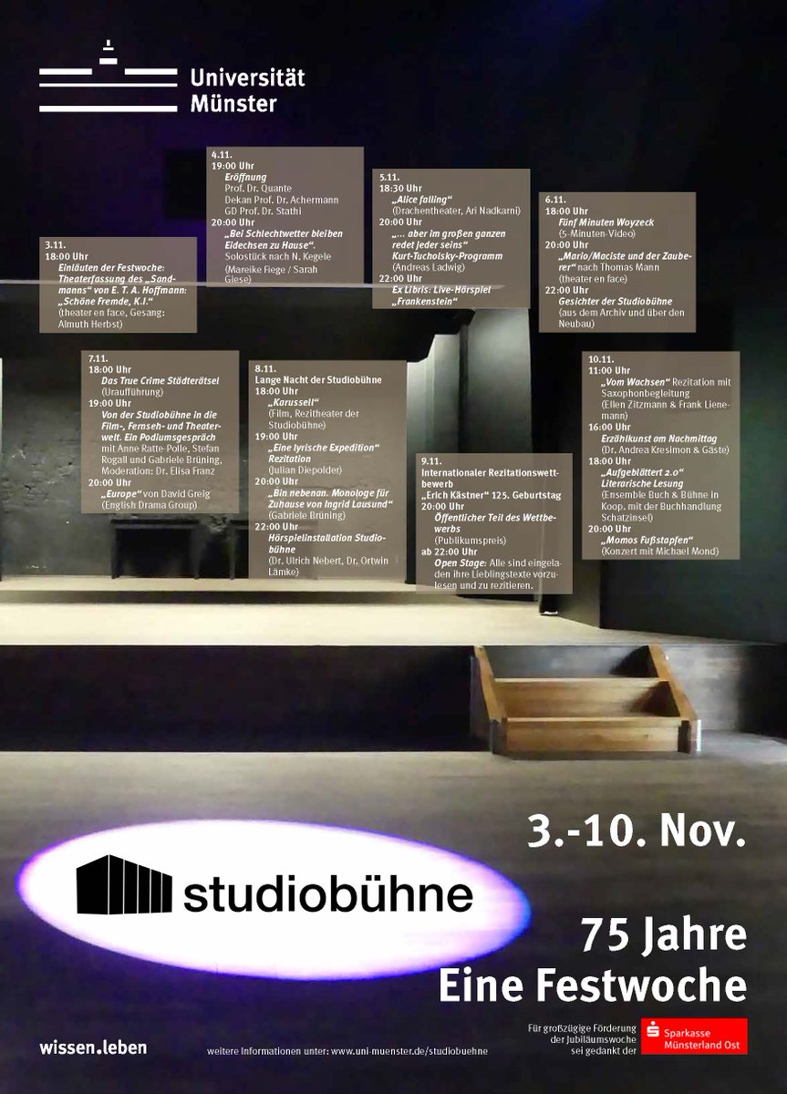 Fachbereich 09 Philologie der Universität Münster (@fb09public) on Twitter photo Save the date! Die #Studiobühne der <a href="/uni_muenster/">Universität Münster</a> wird 75 Jahre und veranstaltet ab dem 3. November eine öffentliche Festwoche. Programm und Tickets: uni-muenster.de/Studiobuehne/ Save the date! Die #Studiobühne der <a href="/uni_muenster/">Universität Münster</a> wird 75 Jahre und veranstaltet ab dem 3. November eine öffentliche Festwoche. Programm und Tickets: uni-muenster.de/Studiobuehne/