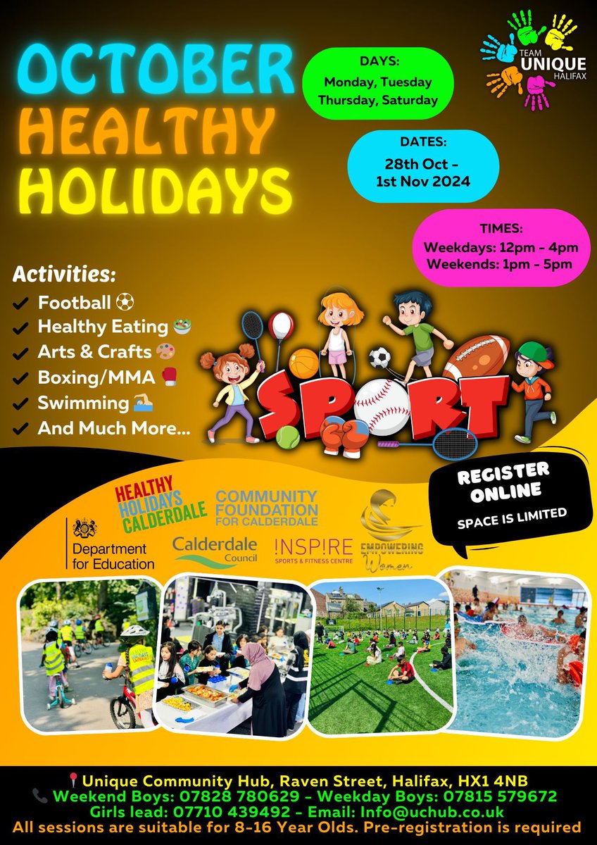 Unique Community Hub (@uniquehubb) on Twitter photo Get ready for a healthier October half term! 🌟
Join us at The Hub for our HAF Programme. We've got a fantastic lineup of activities & events to keep you and your family active and engaged.
Don’t miss out - The Hub is the place to be this October! 🍏✨
<a href="/HAFCalderdale/">Healthy Holidays Calderdale Programme</a> Get ready for a healthier October half term! 🌟
Join us at The Hub for our HAF Programme. We've got a fantastic lineup of activities & events to keep you and your family active and engaged.
Don’t miss out - The Hub is the place to be this October! 🍏✨
<a href="/HAFCalderdale/">Healthy Holidays Calderdale Programme</a>