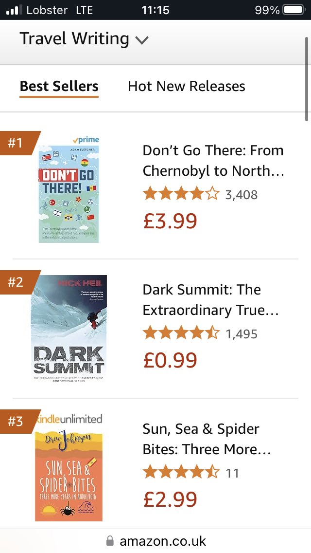 Apparently I am now considered the #1 Adventurer &amp; Explorer in the UK thanks to THAT BLOODY SPIDER! 😂 

Also at #3 in Travel Writing.

Huge thanks to all my readers for putting me there within 3 weeks of book release 🙏 

mybook.to/SunSeaSpiderBi…