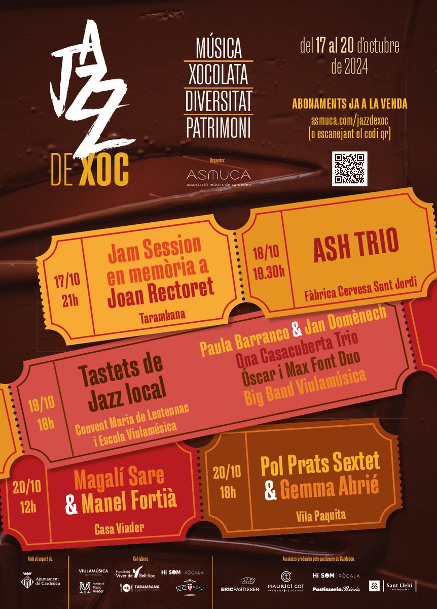 🎤Jazz de XOC, el festival que marida música amb xocolata, diversitat i patrimoni local <a href="/asmuca/">A. Musics Cardedeu</a> 

📅 Del 17 al 20 d'octubre

5 concerts en espais singulars amb tast de xocolata de pastisseries locals i empreses socials que aposten per la inclusió

Més info tuit.cat/8de18