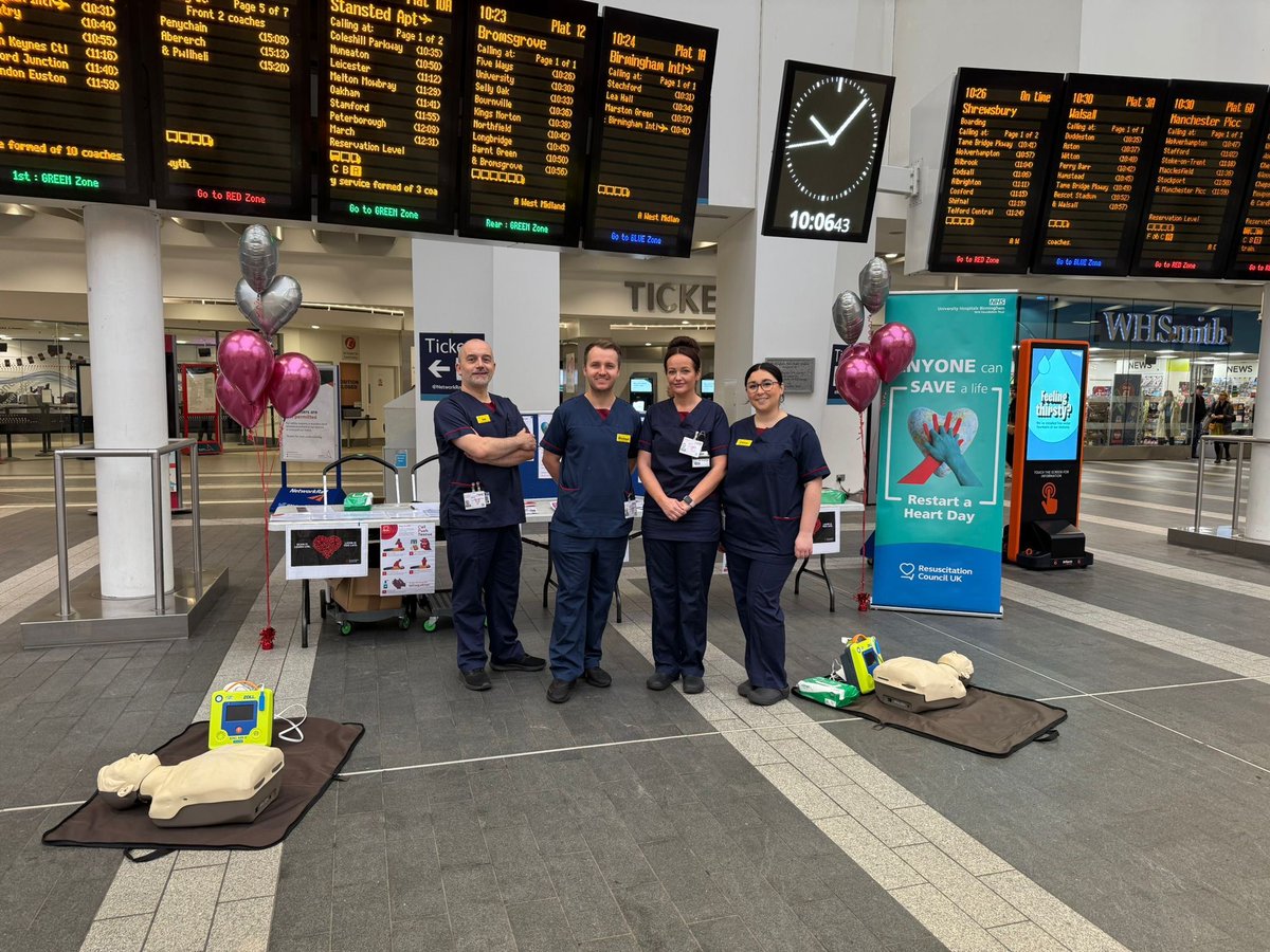 Today, members of our resuscitation service will be at Birmingham New Street Station raising awareness about cardiac arrest and teaching life-saving CPR skills for Restart a Heart Day  🫀 

If you’re in the area, come by and say hello! The team would love to meet you 👋
