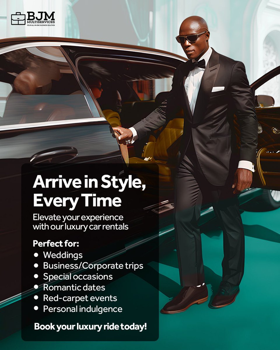 Bjmmultiservice's tweet photo. Need to show up in style? π€©
We have the perfect luxury car for you. Book a luxurious car from us today to suit any occasion or purpose!
Rent now and make a statement!π―
#Bjmmultiservices #CarRentals #LuxuryCars #LuxuryCarRentals #BookCars #RentCarsinLagos #CarRentalsInLagos https://t.co/Ypim94HX3c