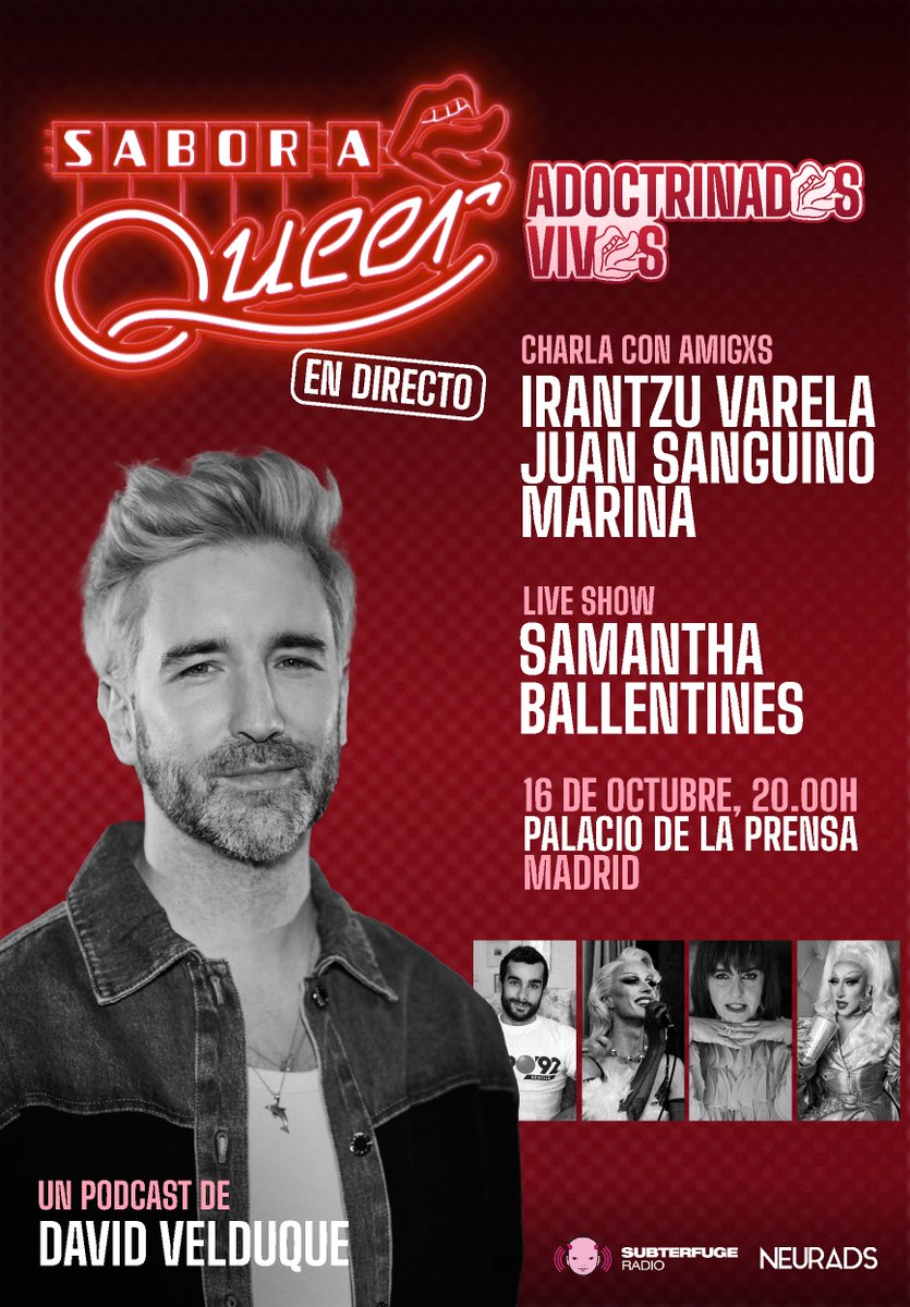 MADRID‼️ Hoy actuaré en SABOR A QUEER en DIRECTO 🎙️✨ en el Palacio de la Prensa, después de la charla entre amigas de: <a href="/DavidVelduque/">David Velduque ☄️</a> <a href="/IrantzuVarela/">Irantzu Varela</a>  <a href="/juanlsanguino/">Juan Sanguino</a>  <a href="/marina_forev3r/">MARINA</a> 💫
🎟️ENTRADAS AQUÍ: palaciodelaprensa.com/espectaculo/sa…