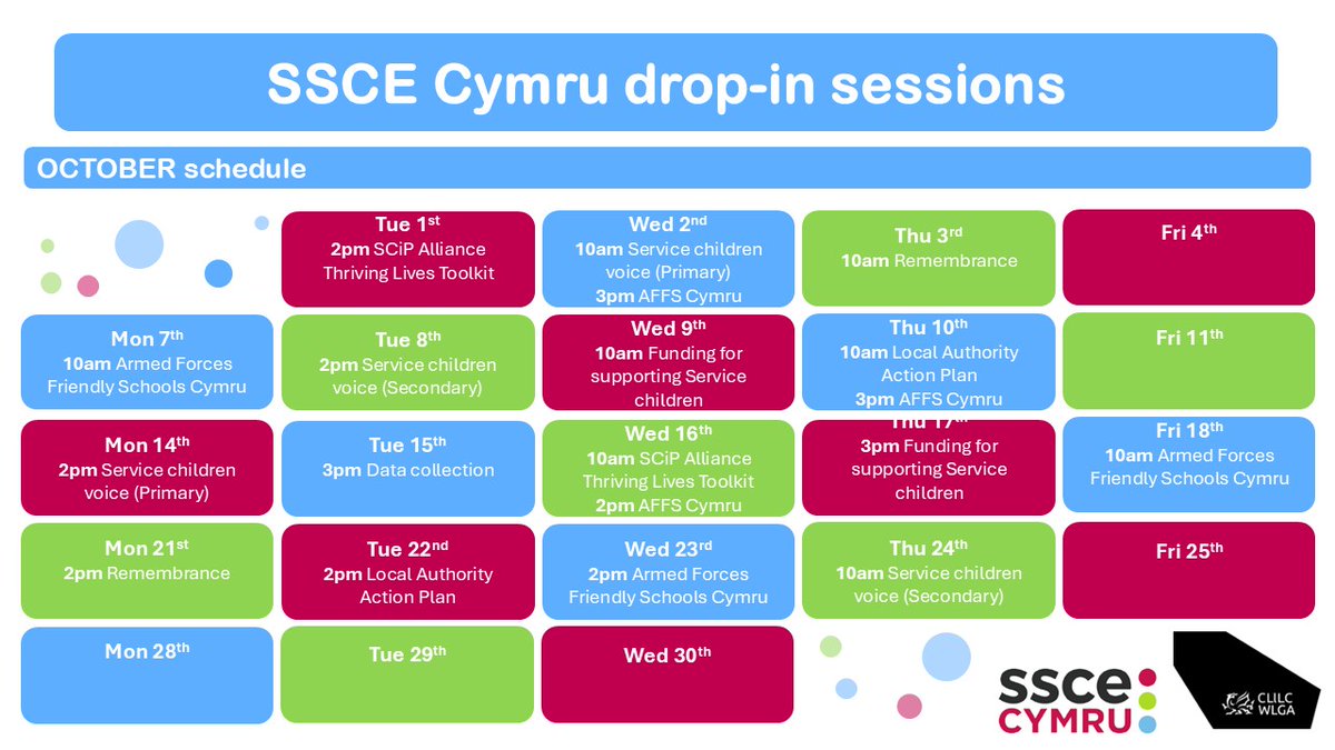 SSCECymru's tweet photo. Join us at our drop-in session this week…
🔴Remembrance
🟢Local Authority Action Plan
🔵Armed Forces Friendly Schools Cymru
🔴Service children voice

Further information here⬇️
https://t.co/PutJiKCXOC

#SSCECymru #ServiceChildren #Cymru #Wales https://t.co/O8L7FZniRL