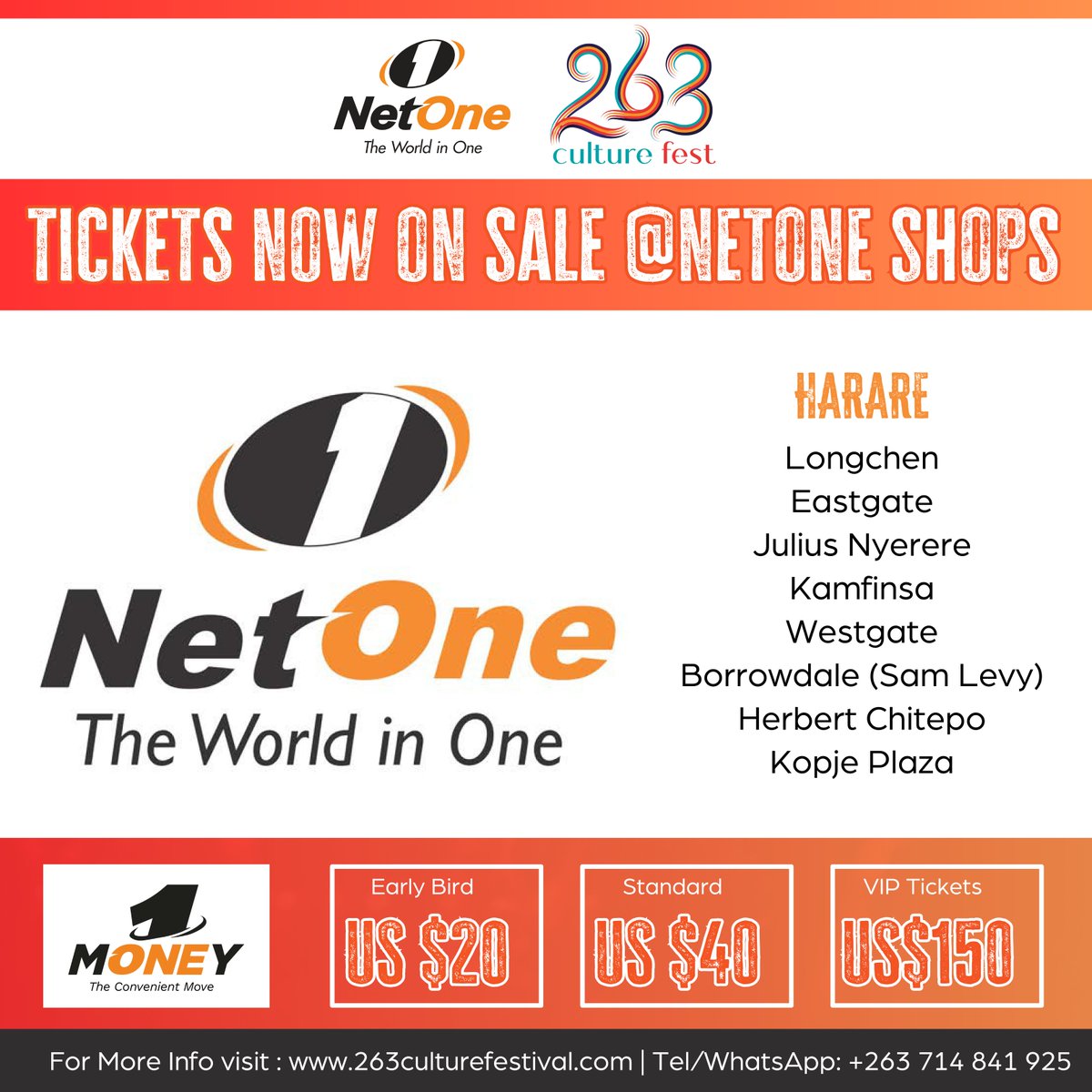 NetOne <a href="/263CultureFest/">NetOne 263 Culture Fest</a> tickets are now available at selected NetOne branches in Harare: Borrowdale, Kamfinsa, Kopje Plaza, Westage, Eastgate, Herbert Chitepo, Julius Nyerere, and Longcheng!🎉

Don't miss out! Grab your tickets today🎟️

#NetOne #263CultureFest #OneMoney