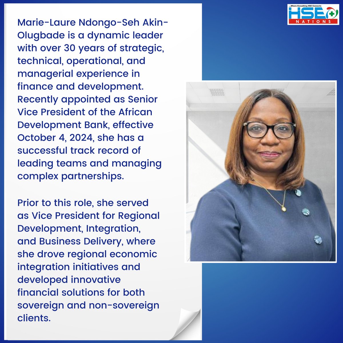 HSENations's tweet photo. 🫡 Celebrate Marie-Laure Ndongo-Seh Akin-Olugbade, Senior Vice President of the African Development Bank Group , a dynamic force driving impactful change.
Applaud her impact!
🚨 The countdown to #AfriSAFE 2024 is on. Visit https://t.co/zvXaTNc9Th now to secure your spot. https://t.co/2JJgPK656N