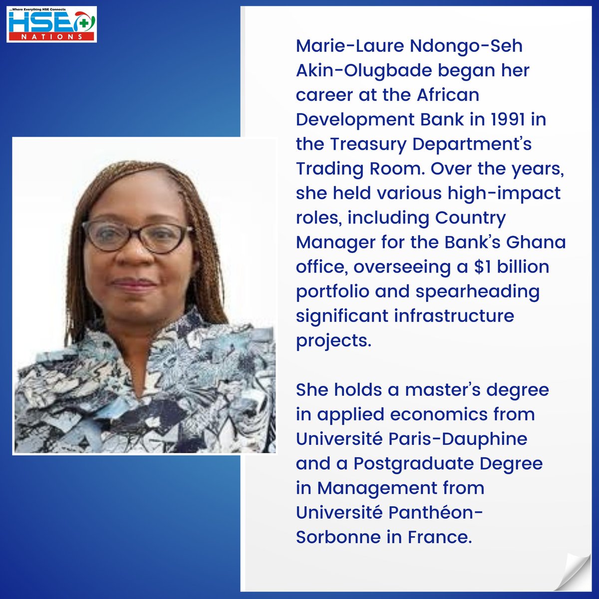 HSENations's tweet photo. 🫡 Celebrate Marie-Laure Ndongo-Seh Akin-Olugbade, Senior Vice President of the African Development Bank Group , a dynamic force driving impactful change.
Applaud her impact!
🚨 The countdown to #AfriSAFE 2024 is on. Visit https://t.co/zvXaTNc9Th now to secure your spot. https://t.co/2JJgPK656N