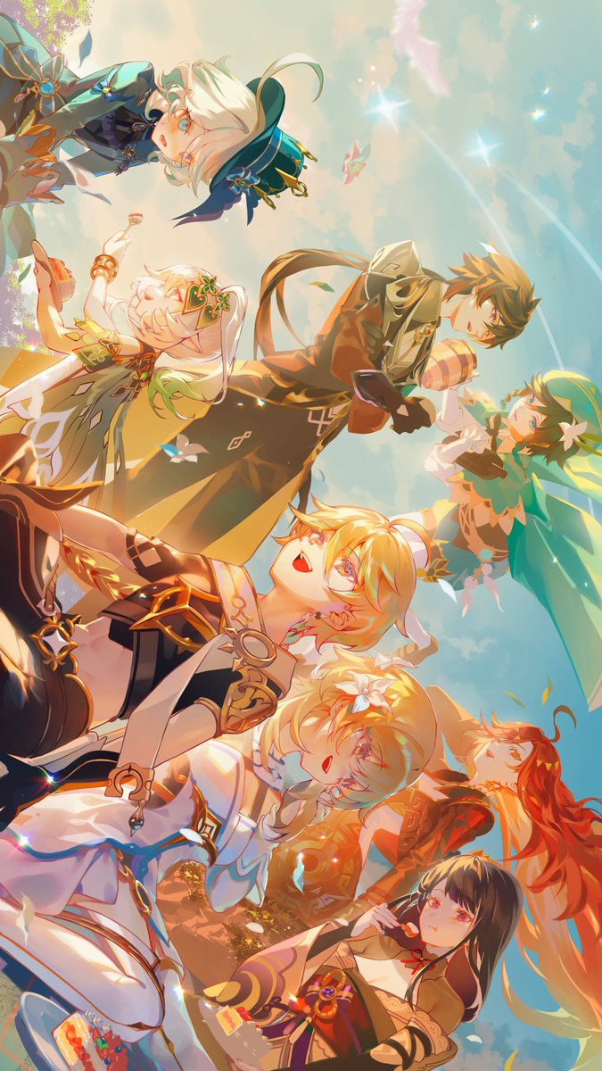 ImveryfineThx's tweet photo. #ファンアート展示会 
#GenshinImpact 

【祝福の宴】 

大変遅れてしまいましたが、原神４周年おめでとう！
ついに神もあと1人ということで、ここに描き加えられる日を楽しみにしております🫶

前の方：@ matsuki01025 次の方：@ hanaki0504 https://t.co/GwHxS15jir