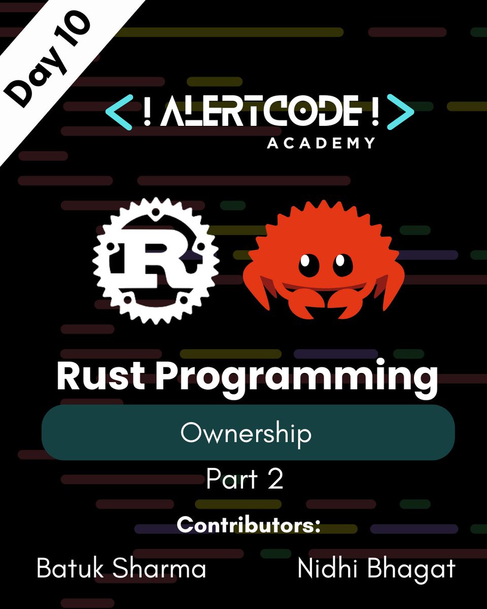 NidhiBhagat0112's tweet image. Exploring Ownership in Rust: Part 2
Let’s dive into Rust’s most fascinating concepts: ownership and memory management! Here’s a breakdown of what we’ve learned:
@Alertcode_ @BatukSharma_
#MemoryManagement #LearningRust #solanadevelopment