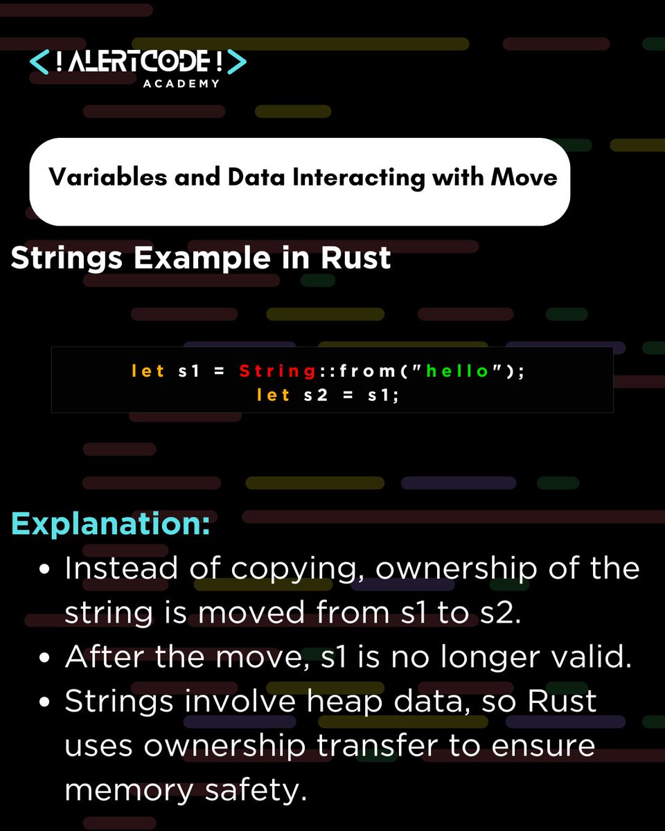 NidhiBhagat0112's tweet image. Exploring Ownership in Rust: Part 2
Let’s dive into Rust’s most fascinating concepts: ownership and memory management! Here’s a breakdown of what we’ve learned:
@Alertcode_ @BatukSharma_
#MemoryManagement #LearningRust #solanadevelopment