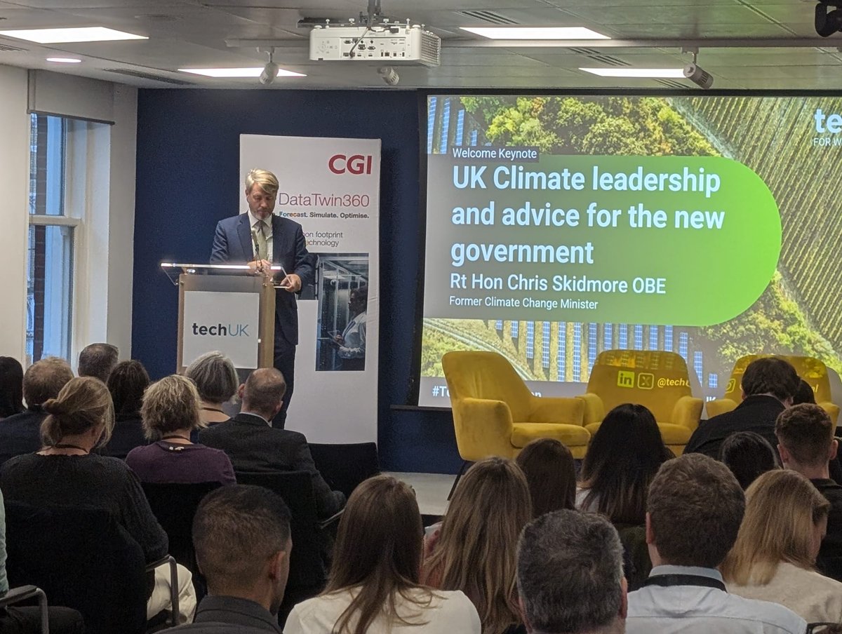 CSkidmoreUK's tweet photo. Great to give the opening keynote speech at @techUK #TechClimateAction conference today- focusing on how the UK can further demonstrate climate leadership ahead of #COP29 and succeed in its mission to deliver the energy transition https://t.co/vTc9nqcDbl