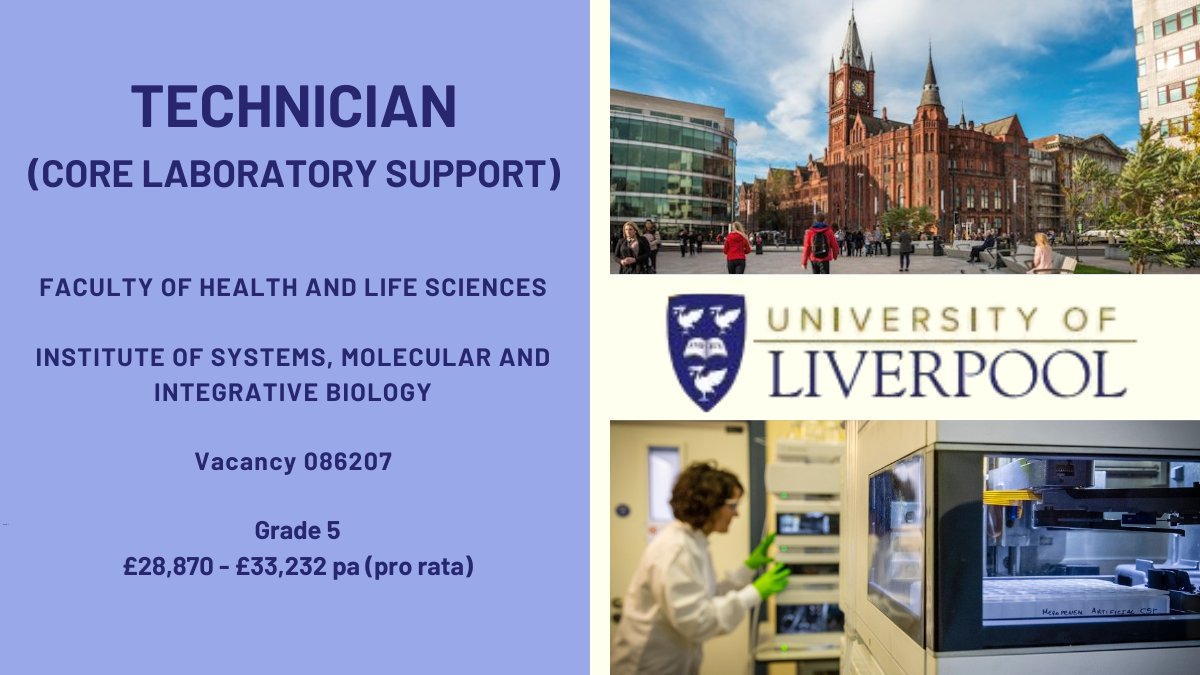 Liverpool University Jobs (@livunijobs) on Twitter photo 📢We’re recruiting for a technician to support the core laboratory functions within the Institute.
Information / Apply ➡️tinyurl.com/2wkk9wt5
<a href="/LivUniHLS/">Faculty of Health and Life Sciences</a> <a href="/LivUniISMIB/">Inst of Systems, Molecular & Integrative Biology</a> <a href="/LivUniTechNet/">University of Liverpool Technical Network</a> 📢We’re recruiting for a technician to support the core laboratory functions within the Institute.
Information / Apply ➡️tinyurl.com/2wkk9wt5
<a href="/LivUniHLS/">Faculty of Health and Life Sciences</a> <a href="/LivUniISMIB/">Inst of Systems, Molecular & Integrative Biology</a> <a href="/LivUniTechNet/">University of Liverpool Technical Network</a>