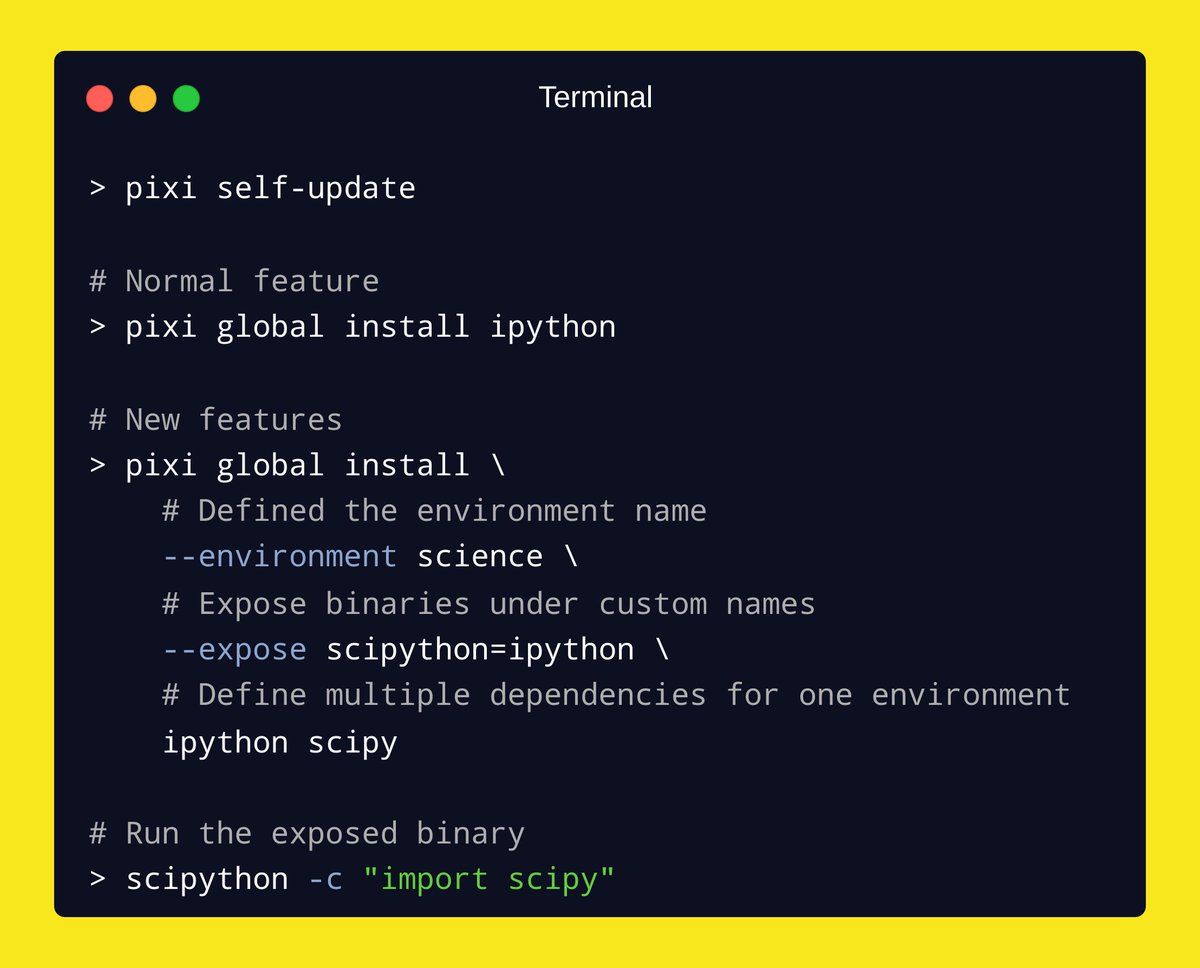 ✨ Check out the new pixi global in release v0.33.0 🚀

💪 Experience a game-changing leap in fast, declarative, and cross-platform system setup!

📖 More info in the release notes: github.com/prefix-dev/pix…