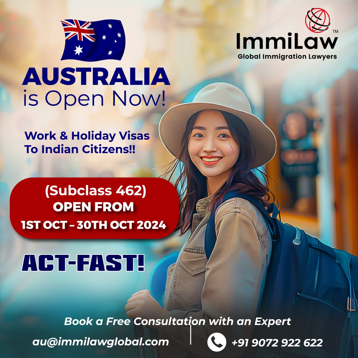 immilawglobal's tweet image. AUSTRALIA is Open Now! 🇦🇺

Work &amp;amp; Holiday Visas for Indian Citizens!!
(Subclass 462) OPEN FROM 1st Oct - 30th Oct 2024

🚨 ACT FAST! 🚨

📞 Book a Free Consultation with an Expert
📧 au@immilawglobal.com
📞 +91 9072 922 622
.
.
.
.
.
#AustraliaVisa #WorkAndHoliday #Subclass462