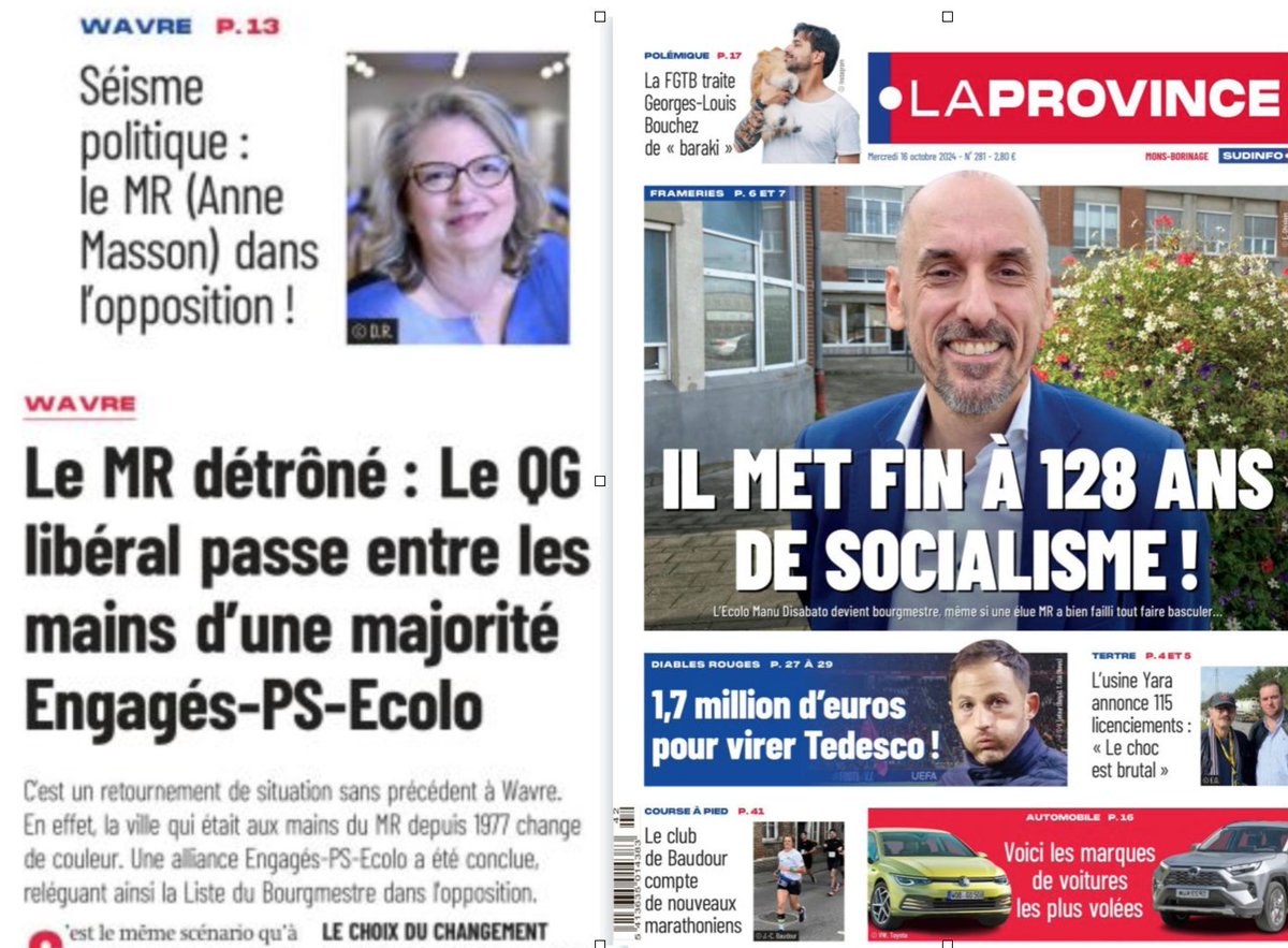 michelhenrion's tweet photo. Les une de @sudinfo/ La chute de majorité à #Wavre dans l'édition du Brabant Wallon (page 13) vs la chute de majorité à #Frameries dans l'édition de Mons-Borinage.  #LaVieEstUnChoix https://t.co/cS9TprAOzn