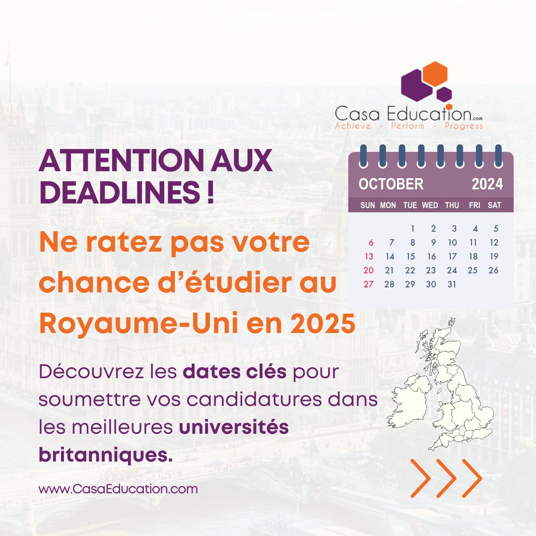 CasaEducation's tweet photo. 🎓 Attention aux Deadlines !  🎓 Tu rêves d'étudier au Royaume-Uni en 2025 ? 🇬🇧 
Contactes @CasaEducation pour une consultation gratuite et personnalisée. Call/WhatsApp : +212666131738
#ÉtudierAuRoyaumeUni #CandidatureUCAS #CasaEducation #ÉtudierALÉtranger #ConseilOrientation https://t.co/OxYsIuIkMj