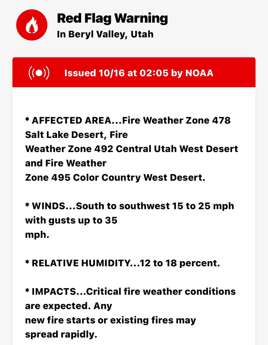 SWUtahWxSpotter's tweet photo. 🚩RED FLAG WARNING🚩
Southern Utah - Wednesday 12 to 9 PM MST… Southwest wind 15 to 25 mph gusts to 40 mph.  RH 10-15%…. Critical Fire Weather Conditions….

#utwx #fire #utahwx #weather #redflagwarning https://t.co/FIMIRw39Ym