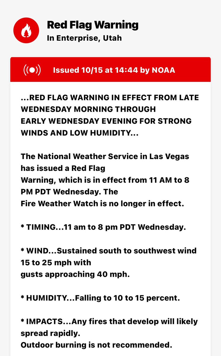 SWUtahWxSpotter's tweet photo. 🚩RED FLAG WARNING🚩
Southern Utah - Wednesday 12 to 9 PM MST… Southwest wind 15 to 25 mph gusts to 40 mph.  RH 10-15%…. Critical Fire Weather Conditions….

#utwx #fire #utahwx #weather #redflagwarning https://t.co/FIMIRw39Ym