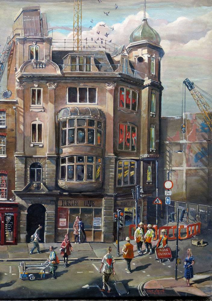 Another section of my Denmark Street (Tin Pan Alley) #painting. I try to note places that are being changed, and to take advantage of the good things while you have them. 
 
Poor old Denmark Street is being nibbled away; I hope they leave it all as it is now.
