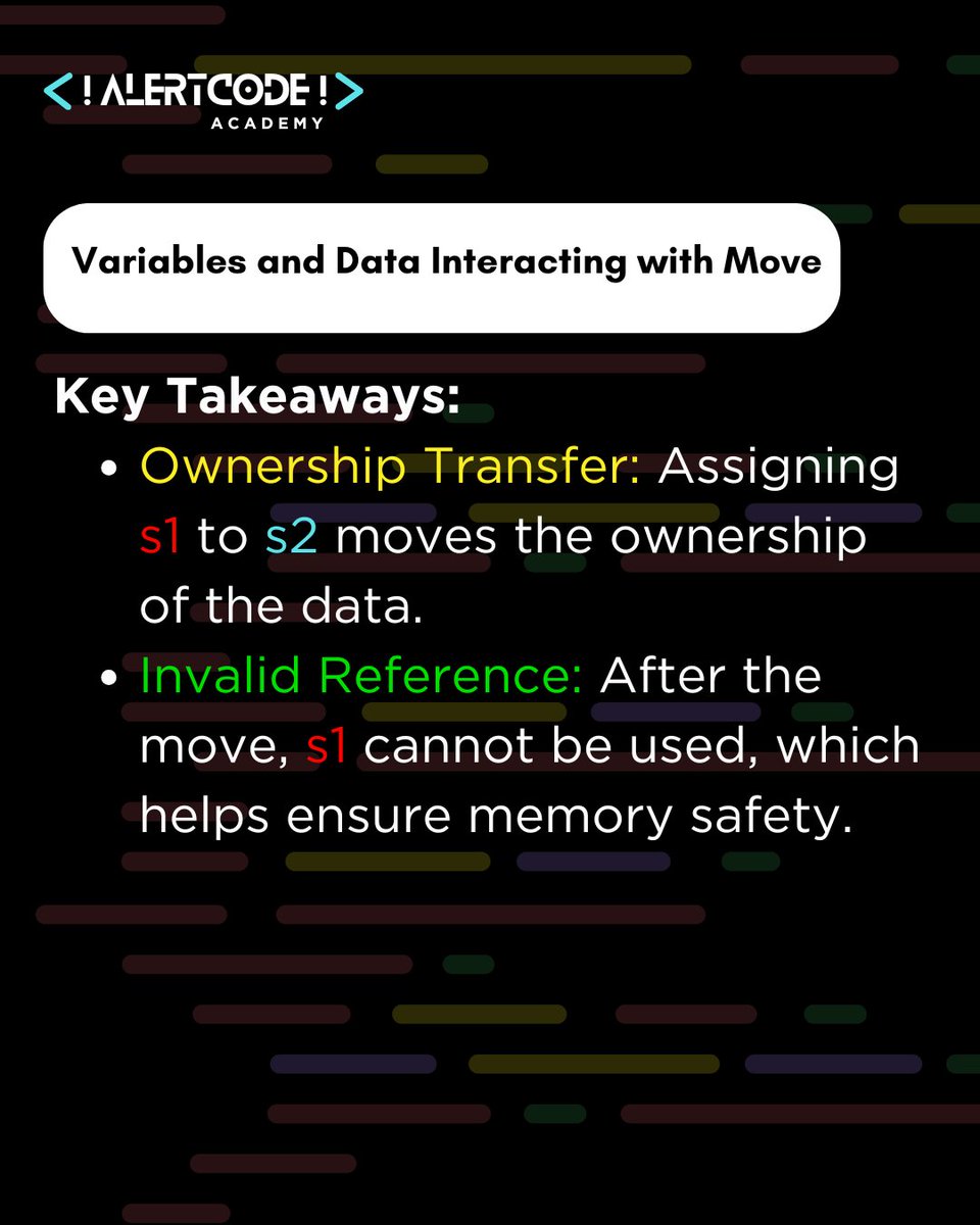 NidhiBhagat0112's tweet image. 6. Ownership Transfer: Assigning a string to another variable transfers ownership, meaning the original variable is no longer usable, which helps avoid potential memory issues.
#RustProgramming #RustOwnership #RustLearning #solana #solanadevelopment #web3 #learning