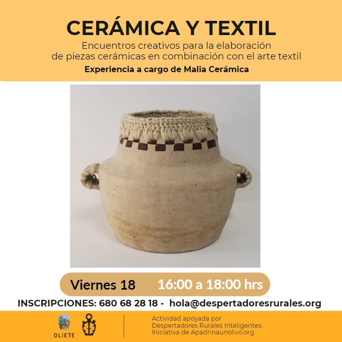 🏺☀🏘 CERÁMICA Y TEXTIL
Continúan los encuentros creativos para la elaboración de piezas de cerámica y textil a cargo de Malia Cerámica.

Te esperamos este viernes 18 de octubre de 16:00 a 18:00 hrs

Inscripciones en 680  68 28 18 y hola@despertadoresrurales.org