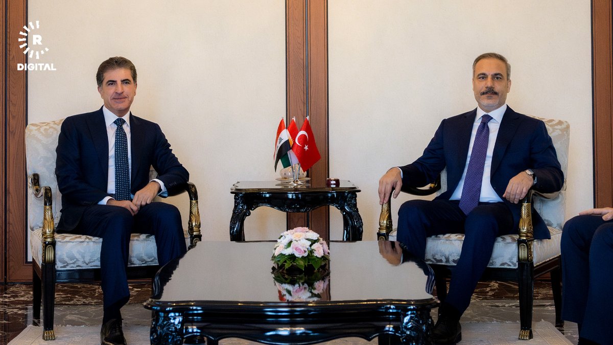 RudawTurkce's tweet photo. FOTO - Kürdistan Bölgesi Başkanı Neçirvan Barzani Ankara'da Dışişleri Bakanı Hakan Fidan ve MİT Müsteşarı İbrahim Kalın tarafından karşılandı https://t.co/kHyGo6AYUE
