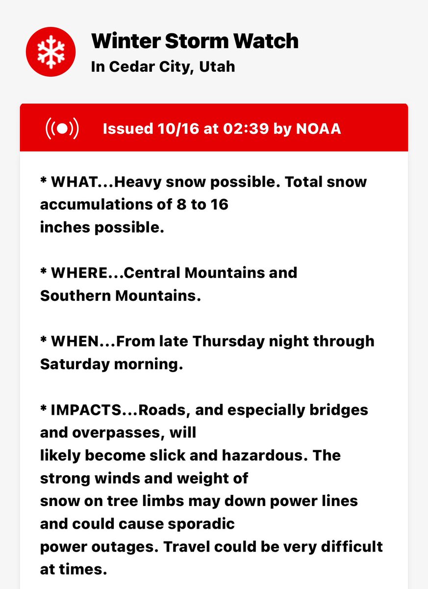 SWUtahWxSpotter's tweet photo. 👀 WINTER STORM WATCH 👀

Straight from Red Flag Warning right into a winter storm watch.  Central &amp; Southern Mountains. Late Thursday night through Saturday morning.  Heavy snow possible. Total accumulations of 8 to 16 inches possible

#utwx #utahwx #Weather #snow https://t.co/HfdeztEt7y