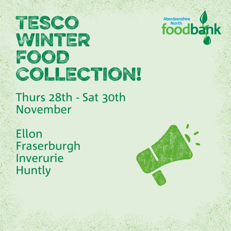 🛒 Tesco Winter Food Collection is coming! 🛒
From 28th to 30th November, visit Tesco stores in Ellon, Huntly, Inverurie, and Fraserburgh to support our Winter Food Collection. Your donations will make a real difference to people facing hardship this winter. 💚
#FightHunger