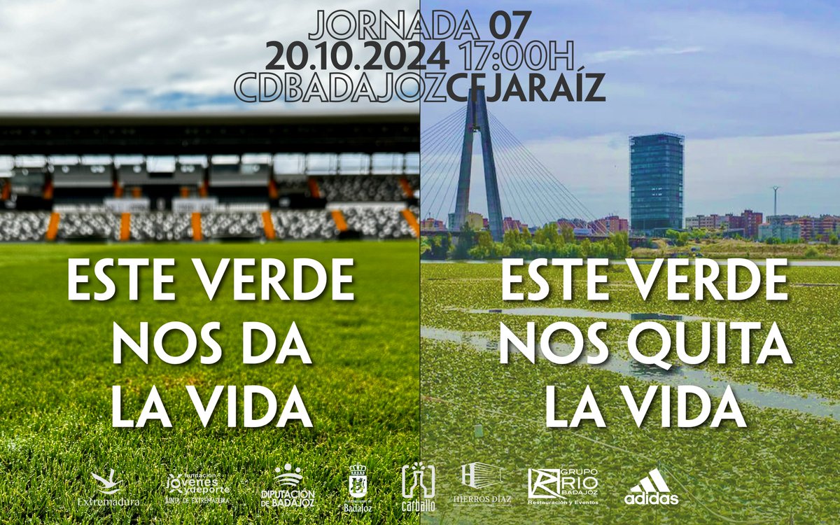 CDBadajoz's tweet photo. 🌱 𝐄𝐋 𝐕𝐄𝐑𝐃𝐄 𝐐𝐔𝐄 𝐍𝐎𝐒 𝐃𝐀 𝐋𝐀 𝐕𝐈𝐃𝐀
❌ 𝐄𝐋 𝐕𝐄𝐑𝐃𝐄 𝐐𝐔𝐄 𝐍𝐎𝐒 𝐋𝐀 𝐐𝐔𝐈𝐓𝐀

⚪️⚫️ CD Badajoz 🆚 @cfjaraiz 
🗓️ Domingo 20 de octubre 
📍 Estadio Nuevo Vivero
🕔 17:00

🏞️ 𝗦𝗔𝗟𝗩𝗘𝗠𝗢𝗦 𝗘𝗟 𝗚𝗨𝗔𝗗𝗜𝗔𝗡𝗔 🏞️
⚠️ ¡Nuestro río, columna vertebral de nuestra ciudad, está en peligro!

🗣️🗓️📍Manifestación, sábado 19 de octubre desde la delegación del Gobierno (Avda. de Huelva) hacia la sede de la CHG (Avda. Sinforiano Madroñero)

#BadajozJaraíz #SalvemoselGuadiana