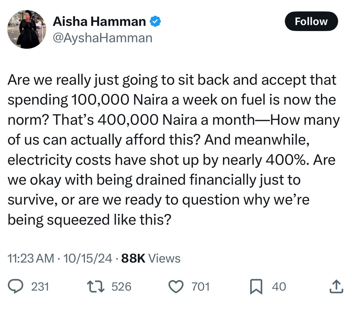 ifesalakooffice's tweet photo. I’ve been seeing this post and I have a slightly different opinion.

As much as I know Tinubu’s support in 2023 came largely from tribal and religious sentiments, I am more appreciative of people like this who are not crying in silence and still acting as though everything is normal.

Lots of them genuinely bought Tinubu’s media propaganda of the builder of Lagos when in fact he never did anything tangible in Lagos. Not even a pedestrian bridge for 8 years.

So, it is good that they are realizing their mistakes and won’t repeat such in 2027. 

Hopefully!

Ire o✌🏽