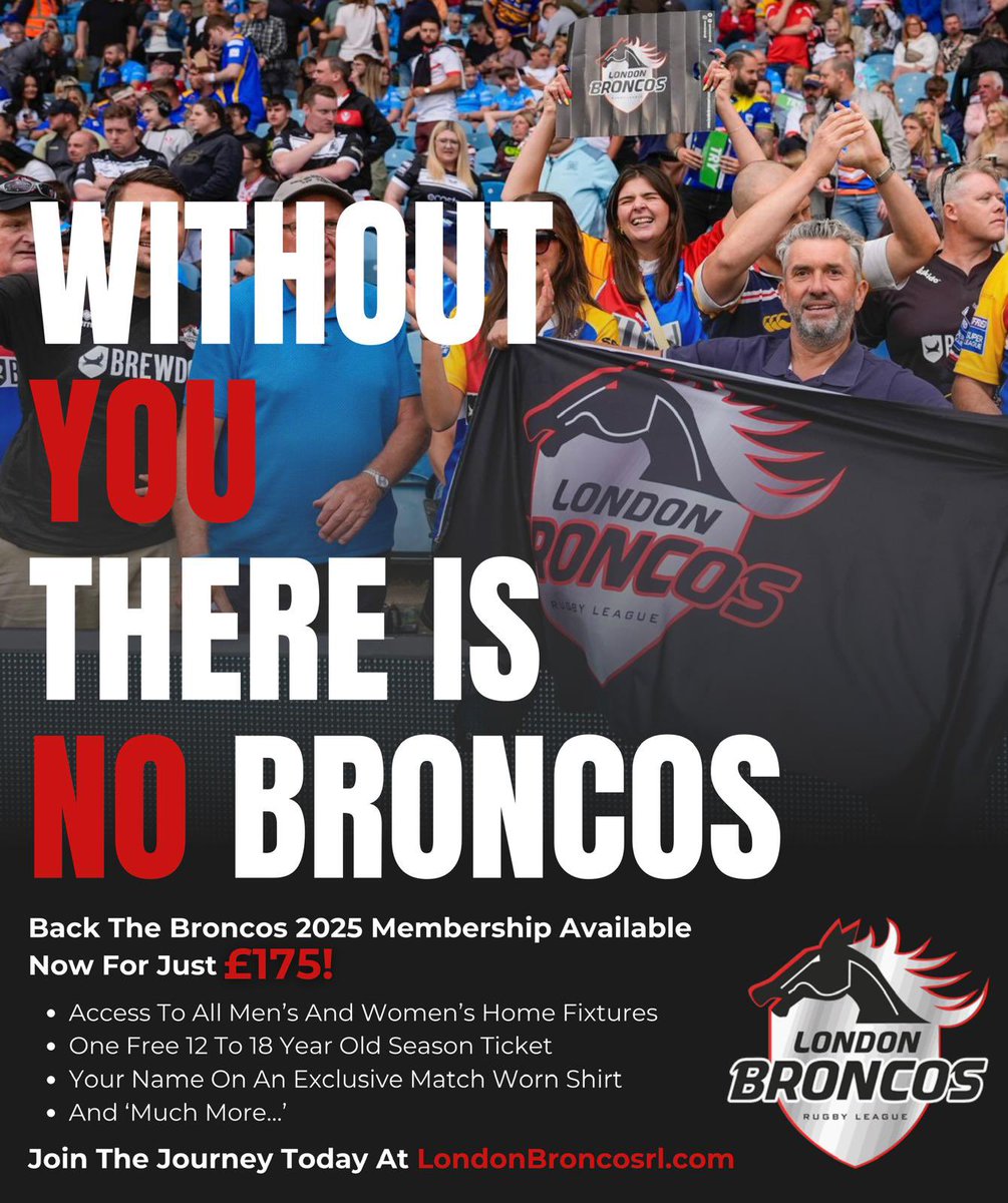 LondonBroncosRL's tweet photo. 🎟️ | ‘𝐁𝐀𝐂𝐊 𝐓𝐇𝐄 𝐁𝐑𝐎𝐍𝐂𝐎𝐒 𝐌𝐄𝐌𝐁𝐄𝐑𝐒𝐇𝐈𝐏’

We are delighted to announce our ‘Back the Broncos Membership’ for the 2025 Championship campaign are now on sale!

Join our journey and help us secure our future - without 🫵 there is no Broncos!

Read 👉 https://t.co/aZruijKwRm

#WeAreLondon🏉