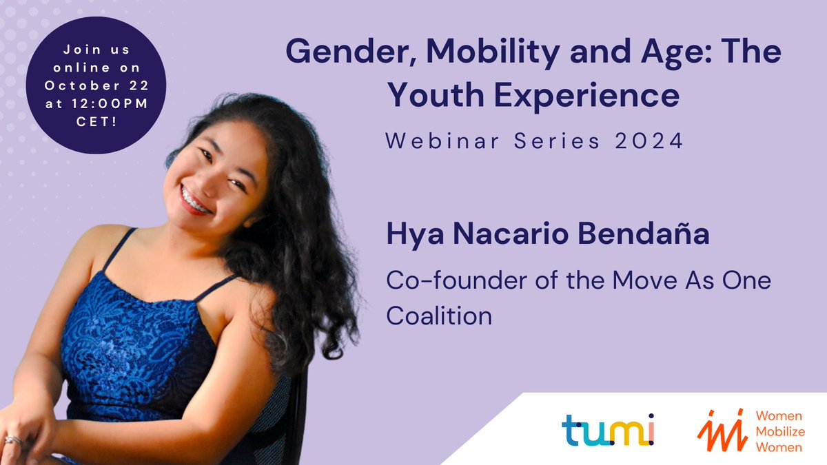 We are delighted to introduce <a href="/hyabendana/">Reycel Hyacenth Nacario Bendaña</a>
as a guest for “Gender, Mobility and Age: The Youth Experience”  Hya and her friends co-founded <a href="/MoveAsOnePH/">Move As One Coalition</a> to advocate for safer, more inclusive public transportation in the Philippines.  

Sign up here➡️bit.ly/3BKEWJx