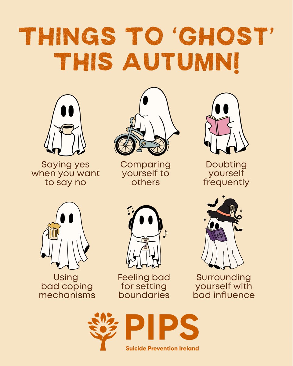 This autumn, it’s time to ghost what no longer serves you and focus on your well-being. 👻🍂 Prioritise your mental health and let go of the things that hold you back. <a href="/PipsCharity/">PIPS Suicide Prevention Charity</a> is here to help you every step of the way. 💛 

#GhostTheNegativity #AutumnWellness #PIPSCharity