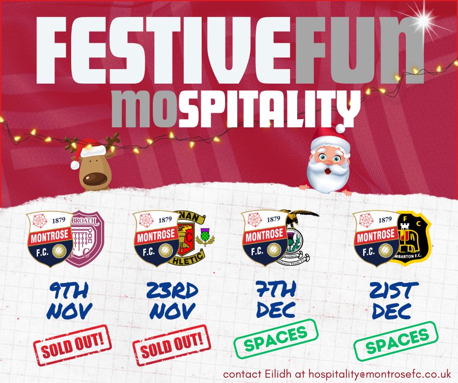 NO HOSPO NO PRE-XMAS PARTY!

Just 70 sleeps until the big guy in the white beard and red suit squeezes down the chimney - so now is the time to ensure your pre-Christmas party plans include a great Corporate Hospitality day out at Links Park.