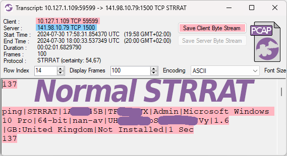 netresec's tweet photo. @JAMESWT_MHT @c_APT_ure That's interesting. Does this mean that #STRRAT is using the new(?) "Believe@@123" C2 protocol alongside the more common "ping|STRRAT" one? Or is the "ping" version getting replaced with "Believe@123"? https://t.co/PrLltQAKxl